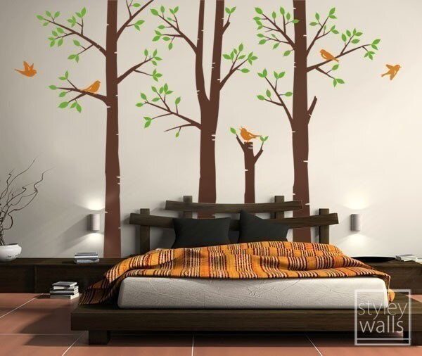 Birch Trees Wall Decal, Forest Trees Wall Decal, Winter Trees and Birds Wall Decal, Living Room Wall Decal, Trees Wall Decal for Home Decor