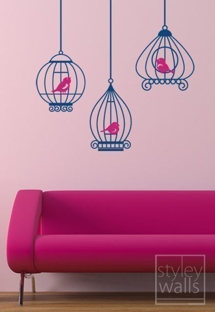 Birds Wall Decal, Bird Cages Wall Decal, Birds in Birdcage Vinyl Wall Decals, Bird Cages Wall Sticker, Bird Cages Home Decor