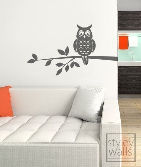 Owl Wall Decal, Owl Wall Sticker, Owl on a Branch Vinyl Wall Decal, Home Decor Kids Room Baby Nursery Wall Decal, Boy or Girl Room Decal