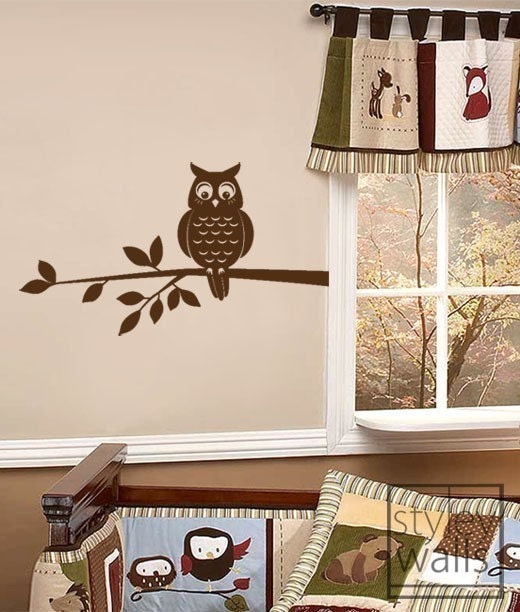 Owl Wall Decal, Owl Wall Sticker, Owl on a Branch Vinyl Wall Decal, Home Decor Kids Room Baby Nursery Wall Decal, Boy or Girl Room Decal