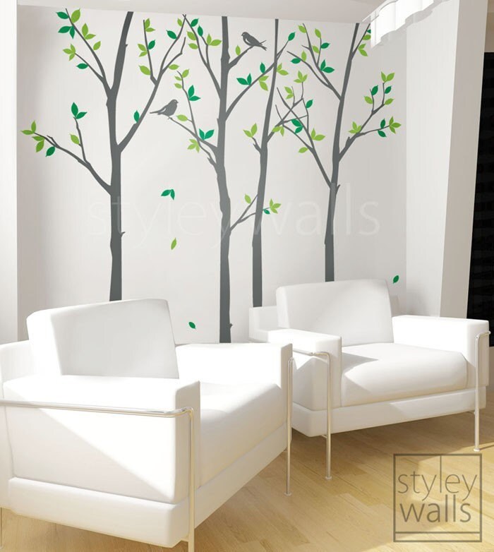 Forest Trees and Birds Wall Decal, Autumn Trees Wall Decal, Trees and Birds Wall Decal, Thin Birch Tress Wall Decal Sticker for Home Decor