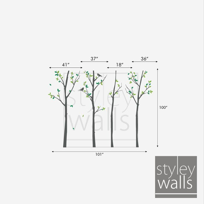 Forest Trees and Birds Wall Decal, Autumn Trees Wall Decal, Trees and Birds Wall Decal, Thin Birch Tress Wall Decal Sticker for Home Decor