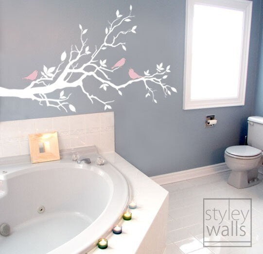 Sticker mural branche d'arbre - Oiseaux d'amour sur une branche avec des feuilles - Sticker mural en vinyle Art Décoration d'intérieur Chambre d'enfant Chambre de bébé Sticker mural