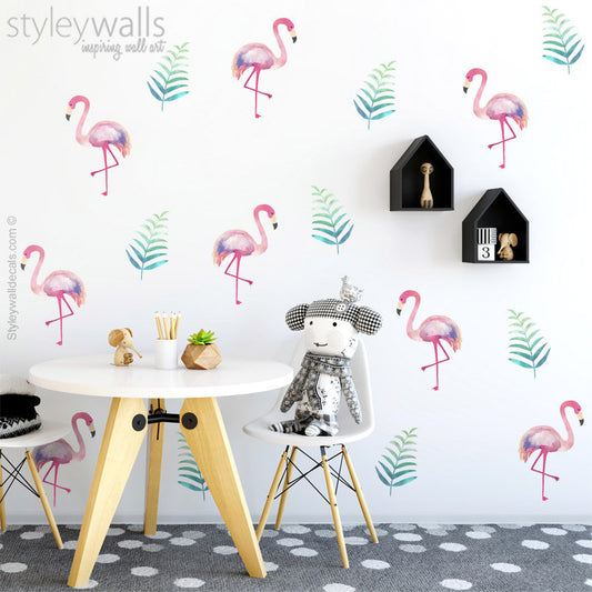 Flamingo Wall Decal, Watercolor Flamingo Wall Sticker, Flamingo Wall Decor, Tropical Leaves Wall Decal Sticker, Living Room Home Decor