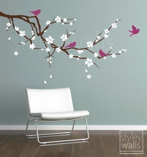 Cherry Blossom Branch Wall Decal, Branch and Flowers Wall Decal, Cherry Branch Wall Decal, Cherry Tree Wall Decal Sticker for Baby Nursery