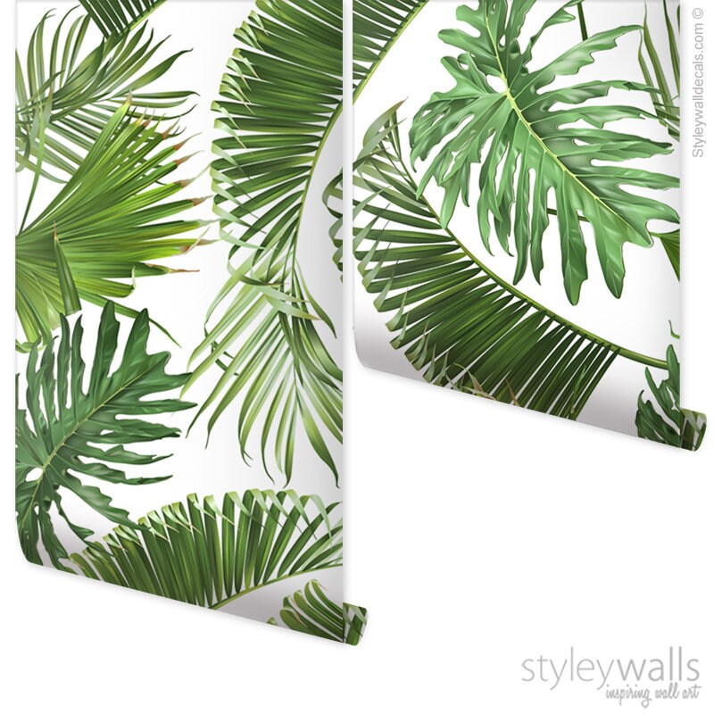 Tropical Leaves Wallpaper, Green Palm Leaves Wallpaper, Leaf Pattern Wallpaper, Botanical Pattern Repositionable Fabric Wallpaper
