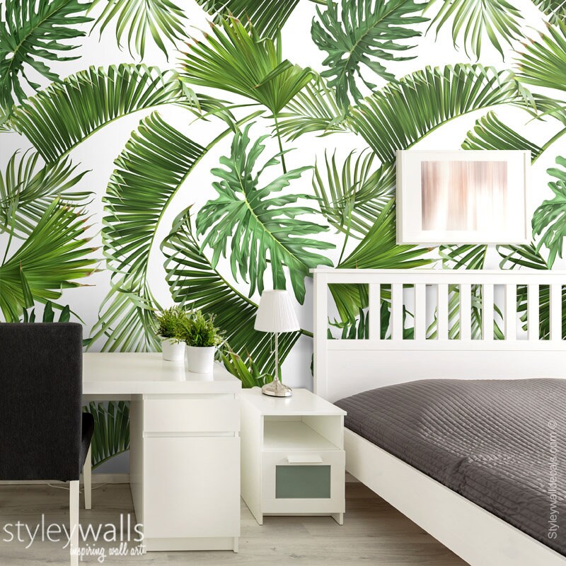 Tropical Leaves Wallpaper, Green Palm Leaves Wallpaper, Leaf Pattern Wallpaper, Botanical Pattern Repositionable Fabric Wallpaper