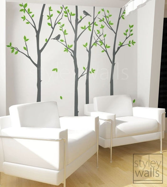 Tree Wall Decal, Forest Trees and Birds Wall Decal, Birds Trees Decal, Winter Trees Nature Vinyl Wall Decal, Winter Trees Home Decor Sticker