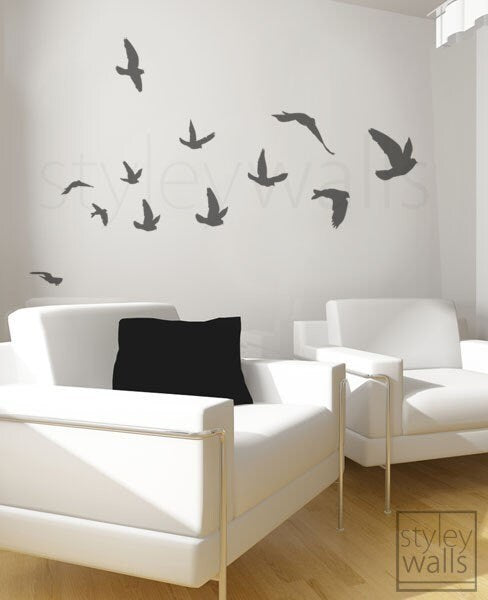 Birds Wall Decal, Flying Birds Set of 12 Vinyl Wall Decal, Flock of Birds Decal, Office Home Art Decor, Birds Room Decor Wall Decal Stickers