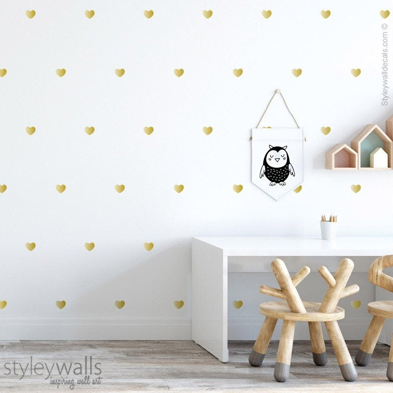 Gold Hearts Wall Decal, Golden Hearts Wall Decal, Metallic Gold Hearts Pattern Wall Decal, Shapes Wall Decal, Nursery Kids Room Wall Decals