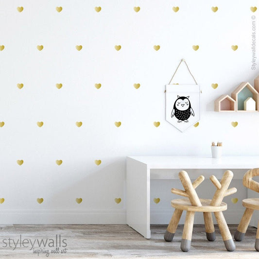 Gold Hearts Wall Decal, Golden Hearts Wall Decal, Metallic Gold Hearts Pattern Wall Decal, Shapes Wall Decal, Nursery Kids Room Wall Decals