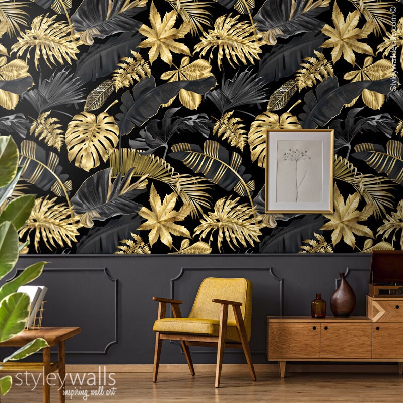 Gold Tropical Leaves Wallpaper, Botanical Tropic Leaves Wallpaper, Gold Leaves Mural, Leaf Pattern, Repositionable Fabric Wallpaper