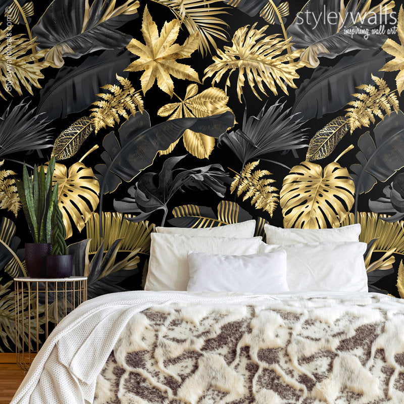 Gold Tropical Leaves Wallpaper, Botanical Tropic Leaves Wallpaper, Gold Leaves Mural, Leaf Pattern, Repositionable Fabric Wallpaper