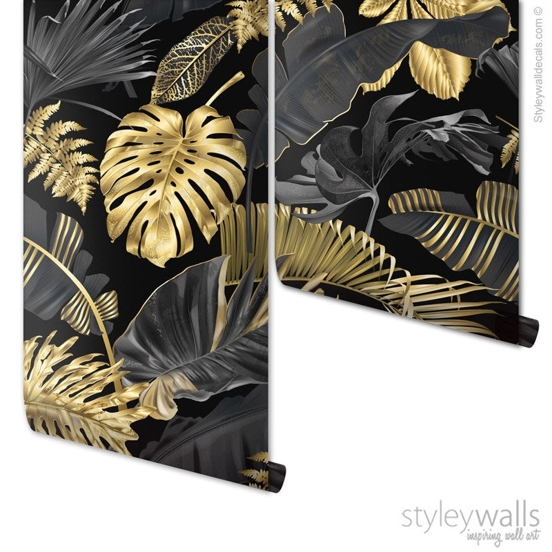 Gold Tropical Leaves Wallpaper, Botanical Tropic Leaves Wallpaper, Gold Leaves Mural, Leaf Pattern, Repositionable Fabric Wallpaper