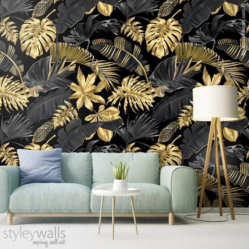 Gold Tropical Leaves Wallpaper, Botanical Tropic Leaves Wallpaper, Gold Leaves Mural, Leaf Pattern, Repositionable Fabric Wallpaper