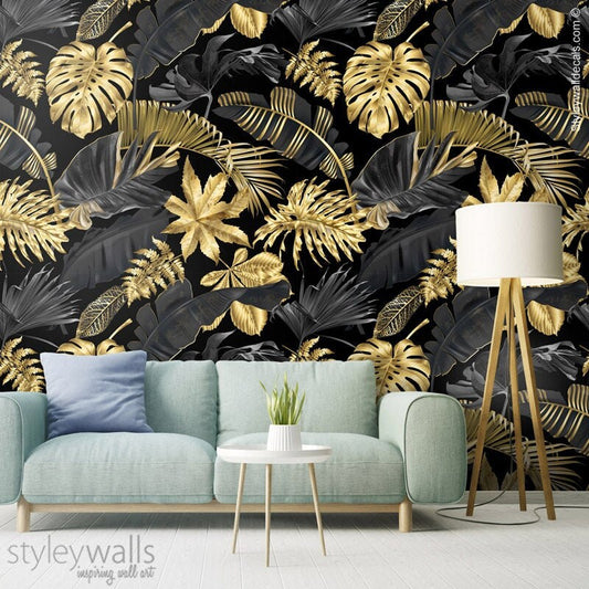 Gold Tropical Leaves Wallpaper, Botanical Tropic Leaves Wallpaper, Gold Leaves Mural, Leaf Pattern, Repositionable Fabric Wallpaper