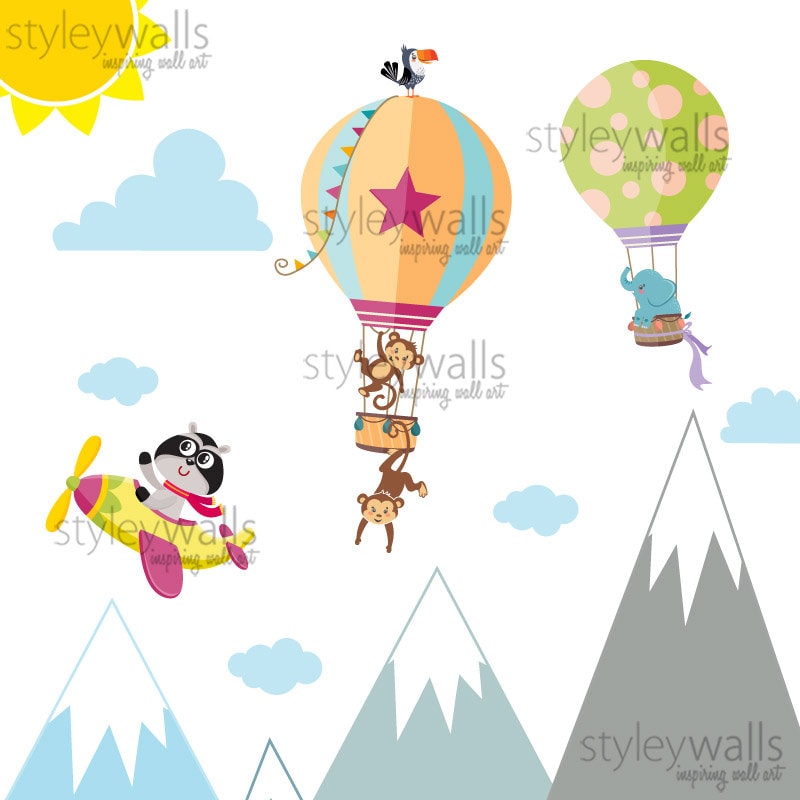 Mountains Wall Decal, Hot Air Balloons Wall Decal Sticker, Airplanes Wall Decal, Jungle Safari Animals Decal for Nursery Kids Room Decor