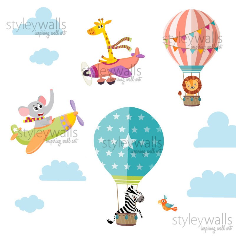 Mountains Wall Decal, Hot Air Balloons Wall Decal Sticker, Airplanes Wall Decal, Jungle Safari Animals Decal for Nursery Kids Room Decor