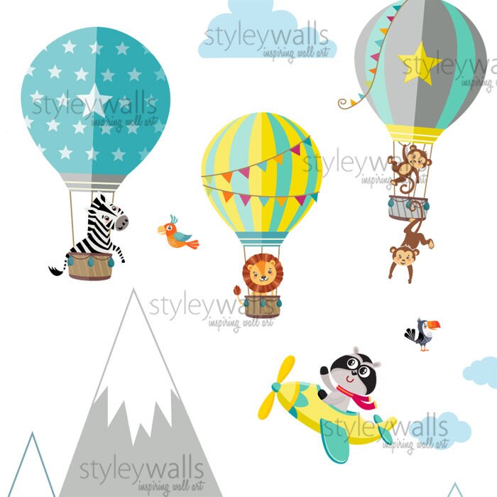 Hot Air Balloons Wall Decal, Mountains Wall Decal, Airplanes Wall Sticker, Animals Clouds Sun Wall Decal, Kids Nursery Baby Room Decor