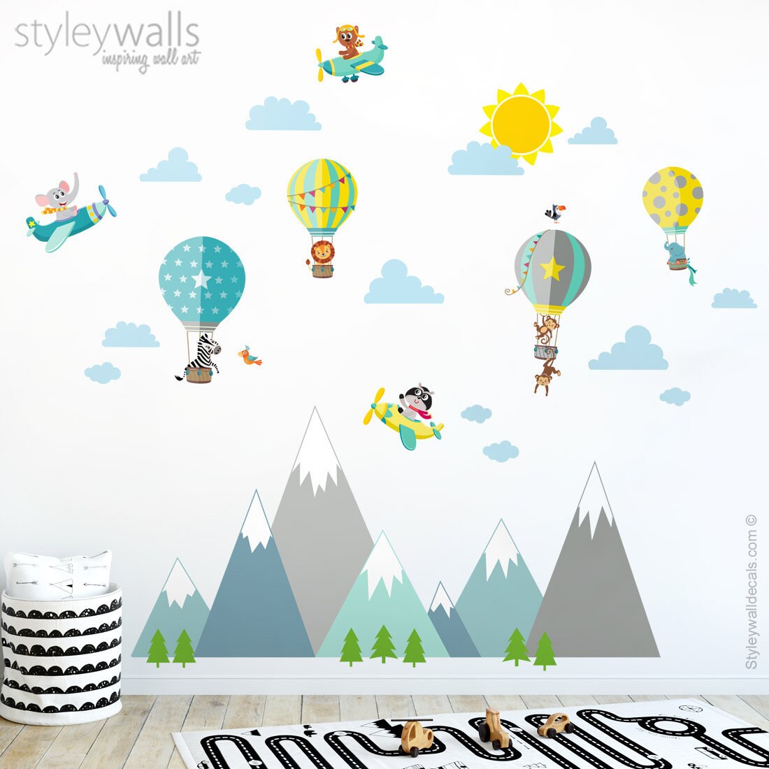 Hot Air Balloons Wall Decal, Mountains Wall Decal, Airplanes Wall Sticker, Animals Clouds Sun Wall Decal, Kids Nursery Baby Room Decor