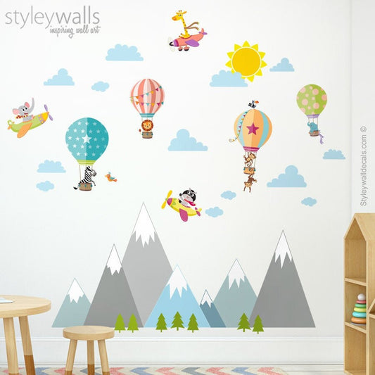 Mountains Wall Decal, Hot Air Balloons Wall Decal Sticker, Airplanes Wall Decal, Jungle Safari Animals Decal for Nursery Kids Room Decor