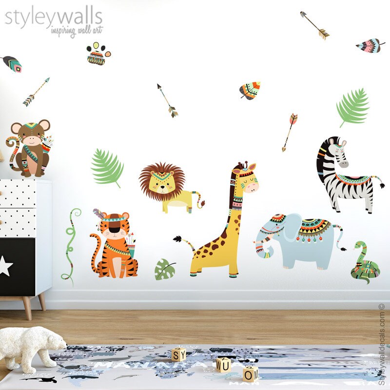 Tribal Animals Wall Decal, Tribal Wall Decal Sticker, Jungle Animals Wall Decal, Safari Animals Wall Decal, Tribal Wall Decor for Kids Room