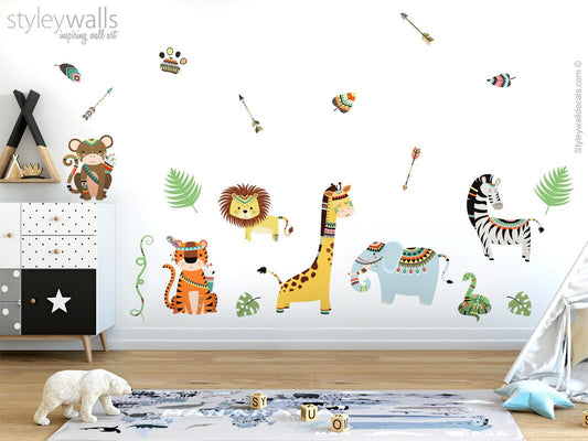 Autocollant mural animaux tribaux, autocollant mural tribal, autocollant mural animaux de la jungle, autocollant mural animaux de safari, décoration murale tribale pour chambre d'enfant