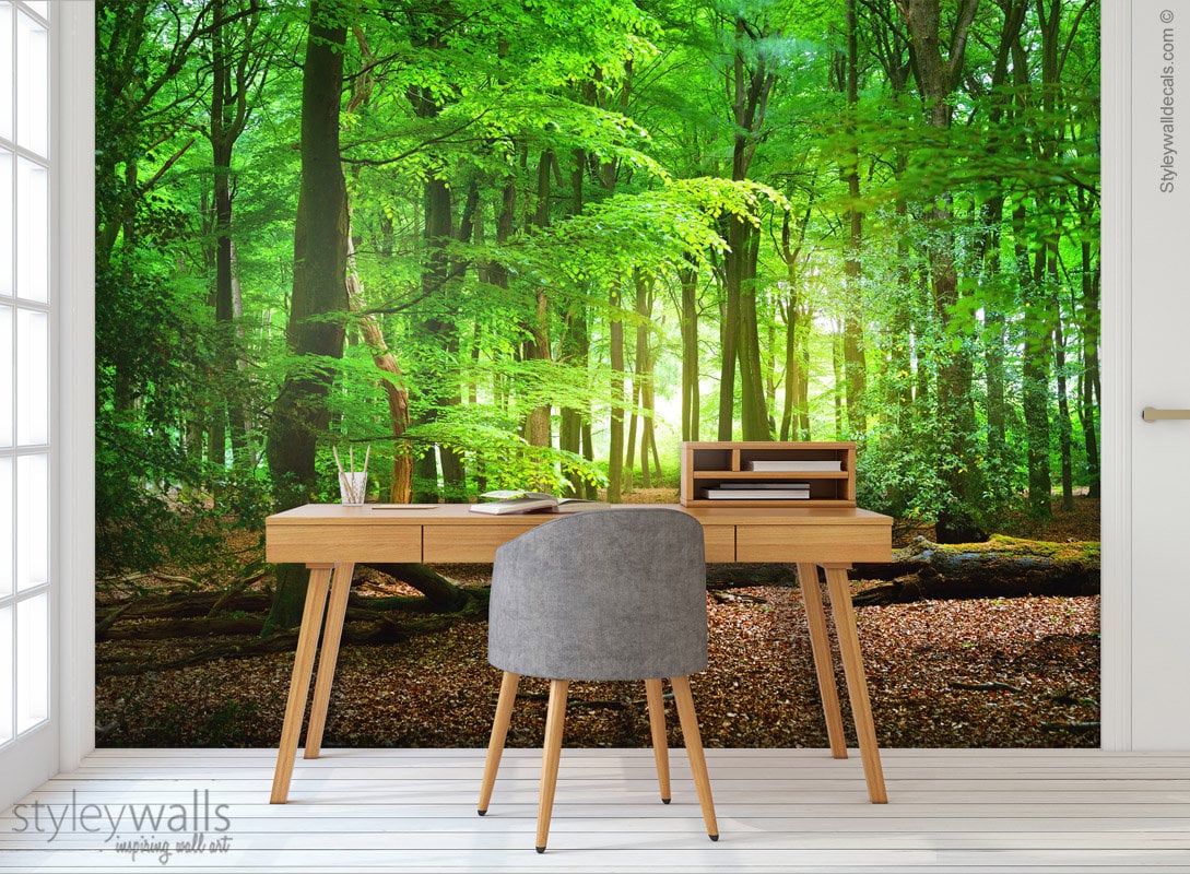 Green Forest Mural Wallpaper, Trees Mural, Nature Wall Art Mural Wallpaper, Repositionable Fabric, Forest Room Decor, Peel and Stick Mural