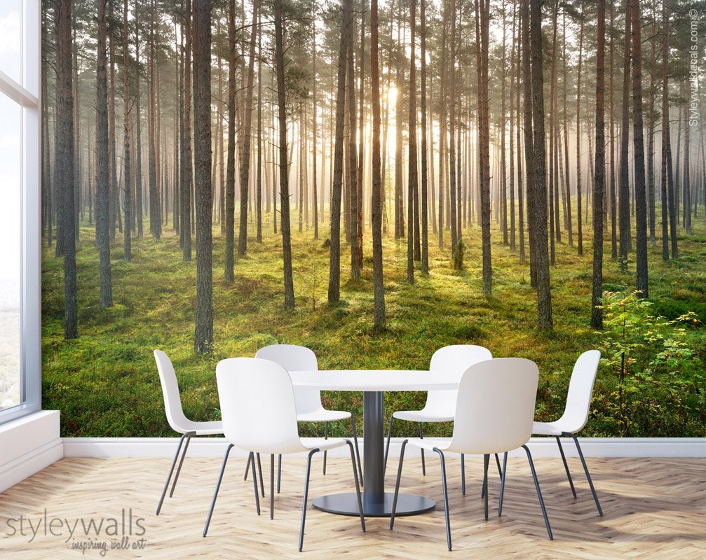 Forest Trees Mural, Nature Forest Mural, Forest Wallpaper, Repositionable Removable Fabric, Room Decor, Peel and Stick, Self Adhesive