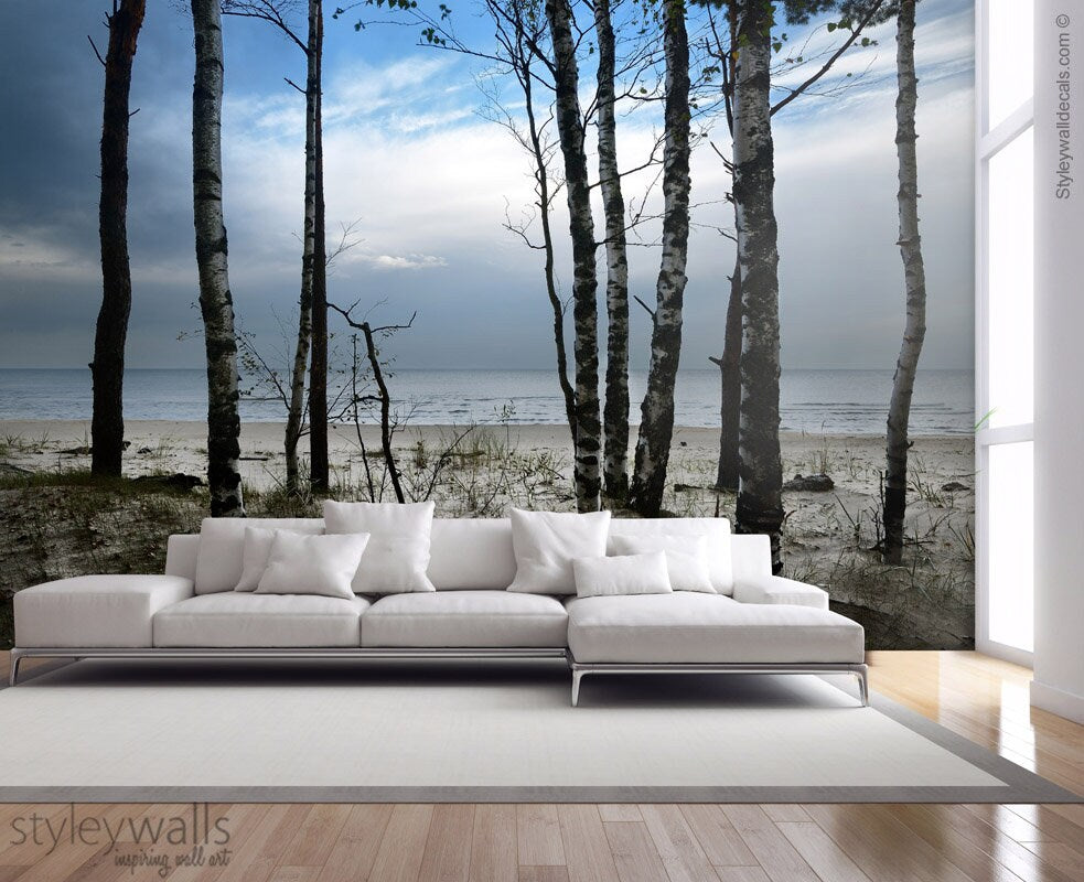 Trees Mural Wallpaper, Beach Mural, Nature Wall Art, Sunset Nature Mural Wallpaper, Repositionable Fabric, Room Decor, Peel and Stick