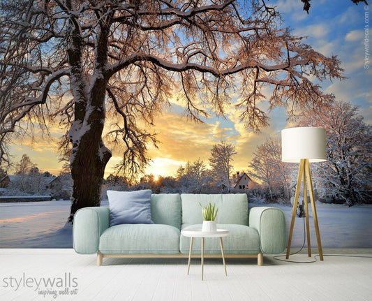 Snow Mural, Tree Mural, Winter Mural, Forest Trees Repositionable Removable Fabric Wallpaper, Room Decor, Peel and Stick, Self Adhesive