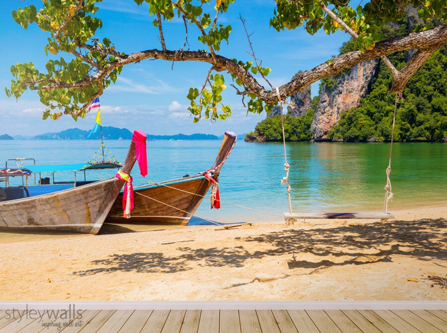 Boat Mural, Seashore Mural, Beach Mural Picture Photo, Thailand Beach Repositionable Fabric Wallpaper, Room Decor, Peel and Stick Mural