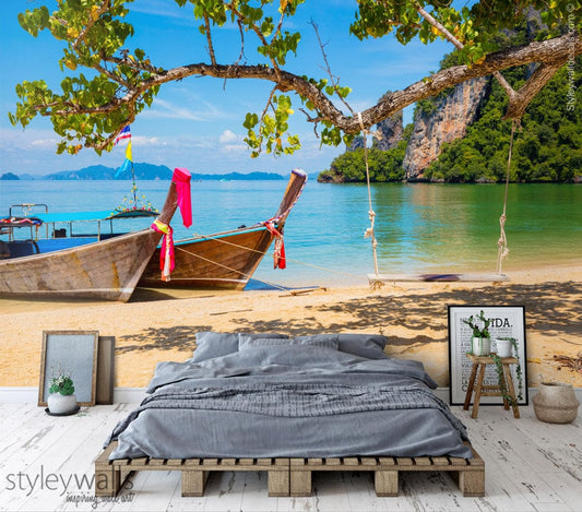 Boat Mural, Seashore Mural, Beach Mural Picture Photo, Thailand Beach Repositionable Fabric Wallpaper, Room Decor, Peel and Stick Mural