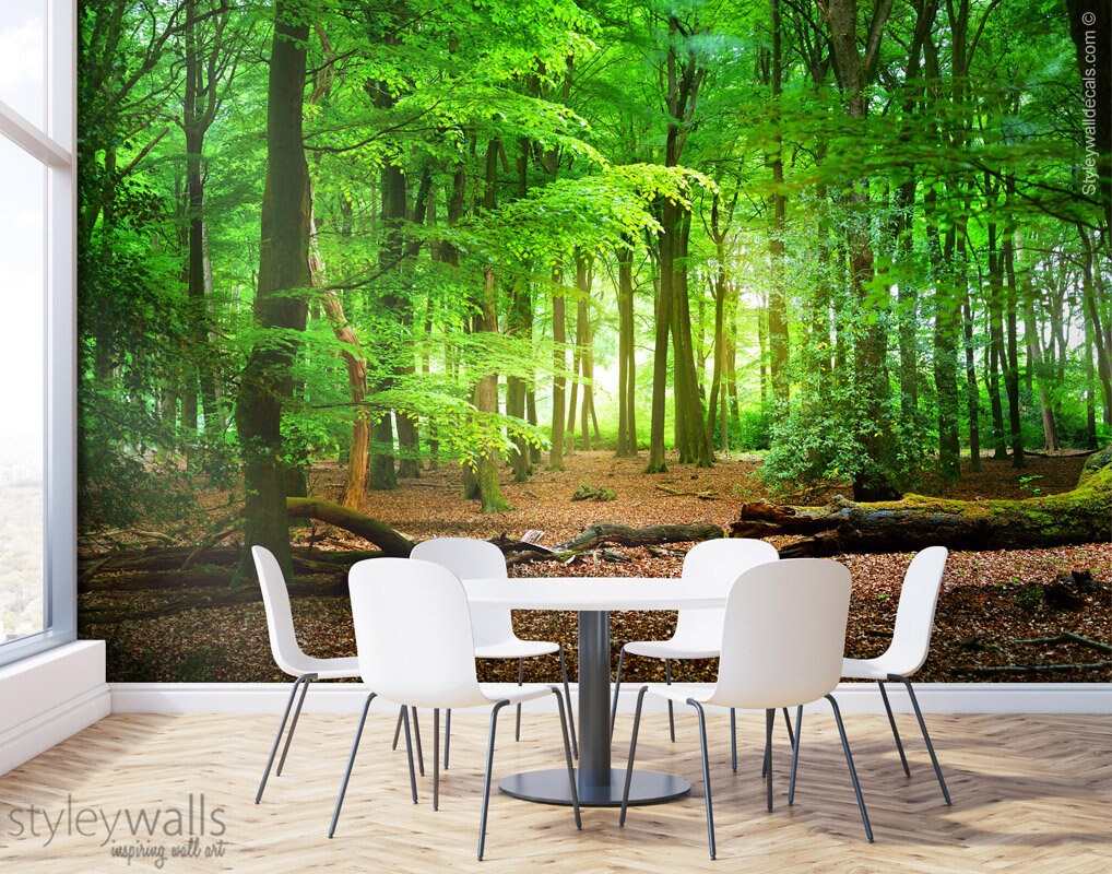 Green Forest Mural Wallpaper, Trees Mural, Nature Wall Art Mural Wallpaper, Repositionable Fabric, Forest Room Decor, Peel and Stick Mural