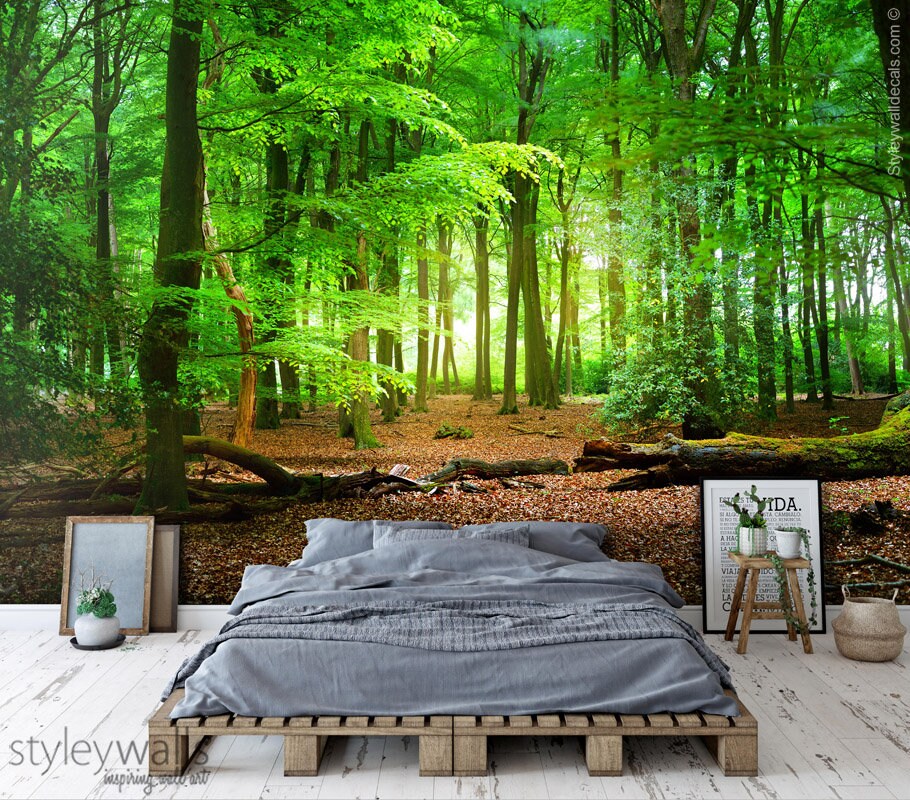 Green Forest Mural Wallpaper, Trees Mural, Nature Wall Art Mural Wallpaper, Repositionable Fabric, Forest Room Decor, Peel and Stick Mural