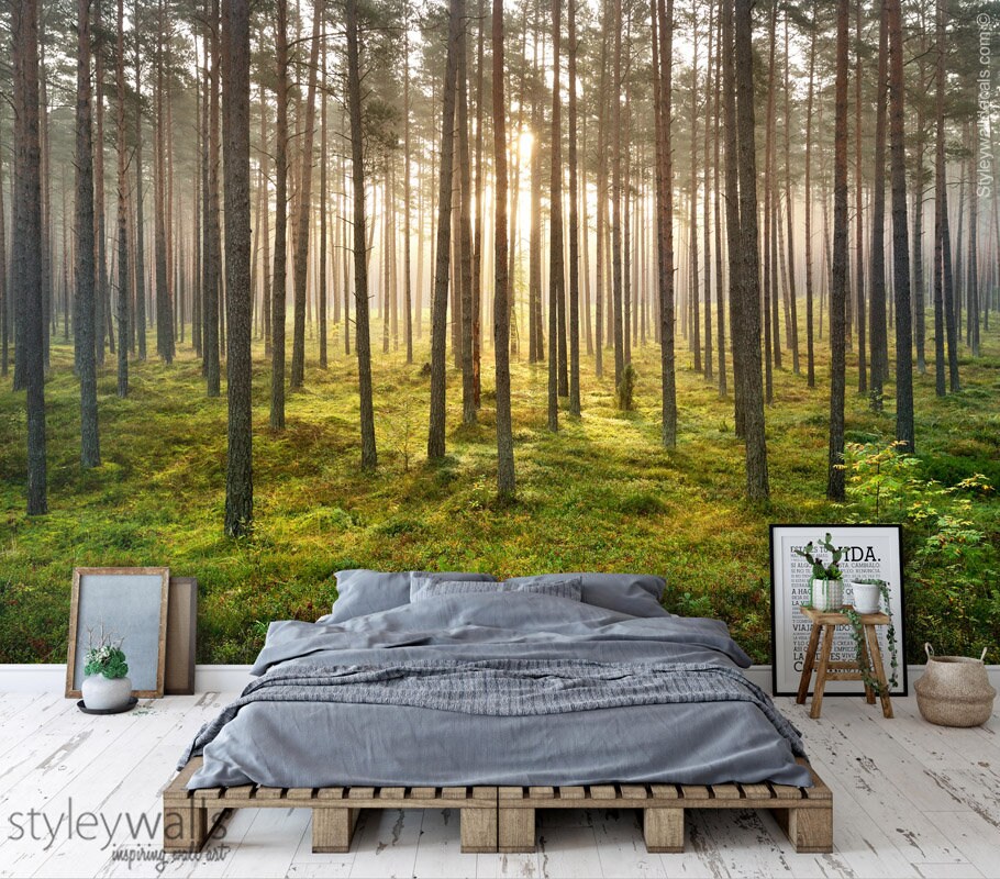 Forest Trees Mural, Nature Forest Mural, Forest Wallpaper, Repositionable Removable Fabric, Room Decor, Peel and Stick, Self Adhesive