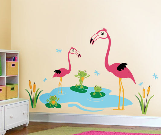 Flamingos Wall Decal, Flamingos Frogs and Dragonflies Wall Decal, Flamingos Froggies Dragonflies Nursery Sticker, Flamingos Bathroom Decal