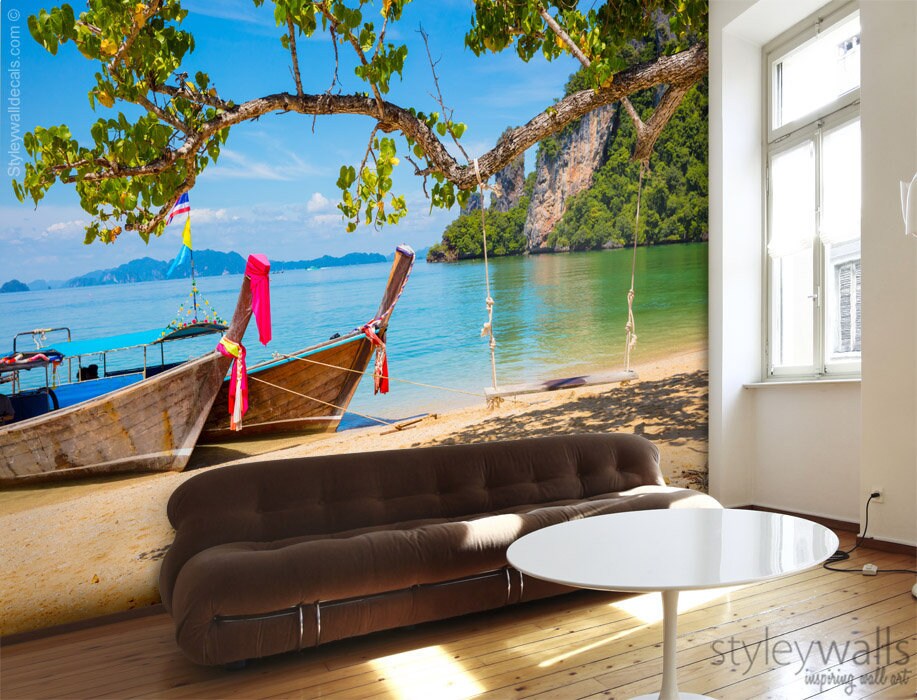 Boat Mural, Seashore Mural, Beach Mural Picture Photo, Thailand Beach Repositionable Fabric Wallpaper, Room Decor, Peel and Stick Mural