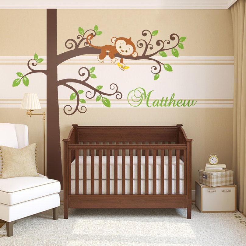 Monkey Wall Decal, Monkey and Tree Wall Decal, Jungle Wall Decal, Jungle Monkey Personalized Nursery Baby Room Decor Wall Art Wall Sticker