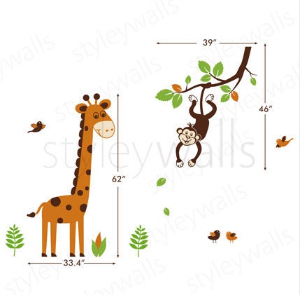 Giraffe Wall Decal Jungle Animals Monkey Swinging from Branch and Cute Giraffe Wall Decal Nursery Kids Baby room Vinyl Wall Decal