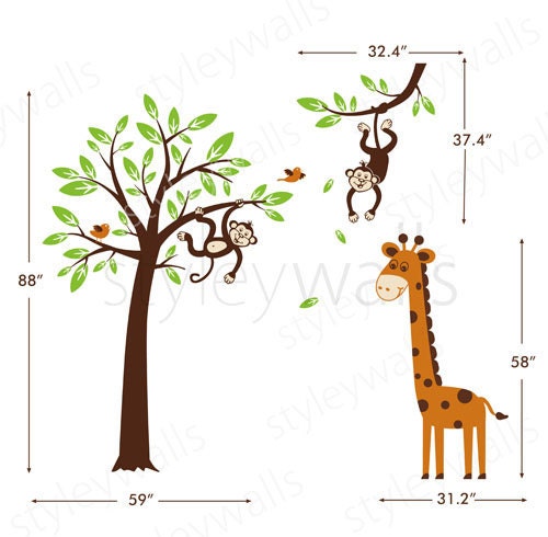 Tree Wall Decal, Monkey and Giraffe Wall Decal, Monkey Wall Decal, Giraffe Wall Decal, Jungle Animals Wall Decal for Baby Nursery Kids Room