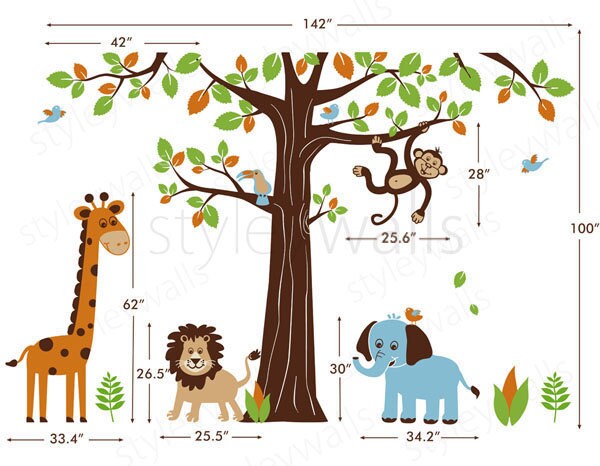 Jungle Wall Decal Safari Animals Wall Decal HUGE Set Tree Wall Decal - Lion Elephant Monkey Giraffe Nursery Kids Decal Sticker Baby Room Art