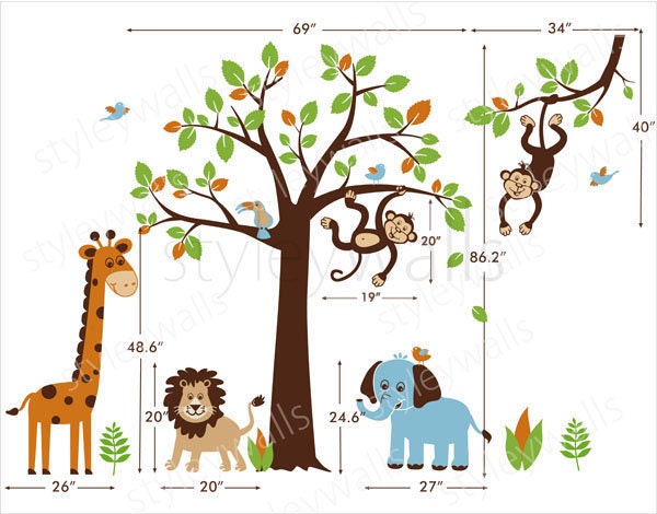 Jungle Tree Wall Decal, Jungle Animals Wall Decal, Safari Animals Wall Decal, Safari and Jungle Wall Sticker for Baby Nursery Decor