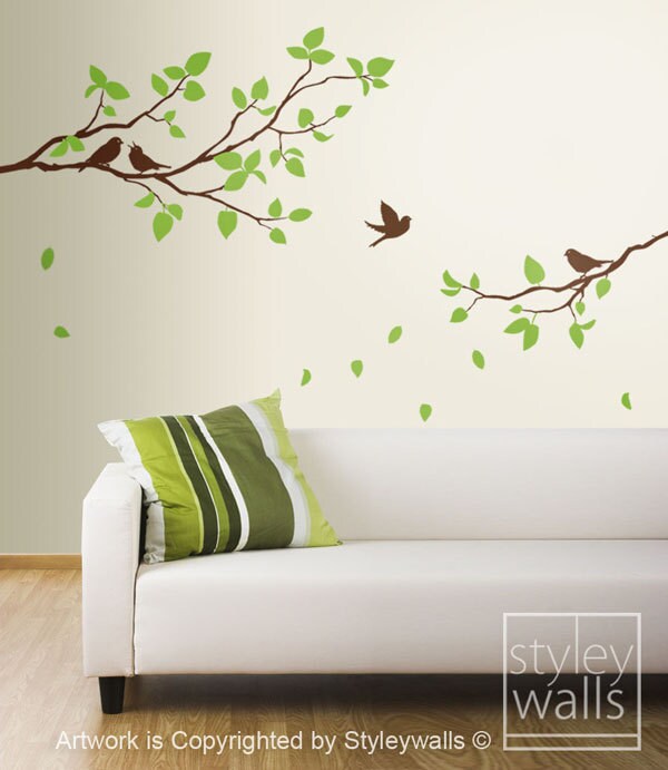 Branches Wall Decal, Two Spring Branches and Birds Wall Decal, Leaves and Birds Wall Decal, Branch Decal for Home Decor, Branch Sticker