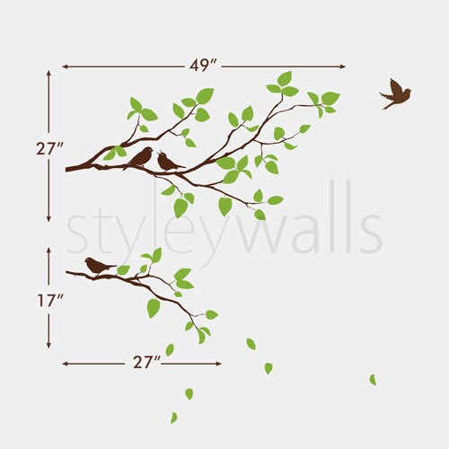 Branches Wall Decal, Two Spring Branches and Birds Wall Decal, Leaves and Birds Wall Decal, Branch Decal for Home Decor, Branch Sticker