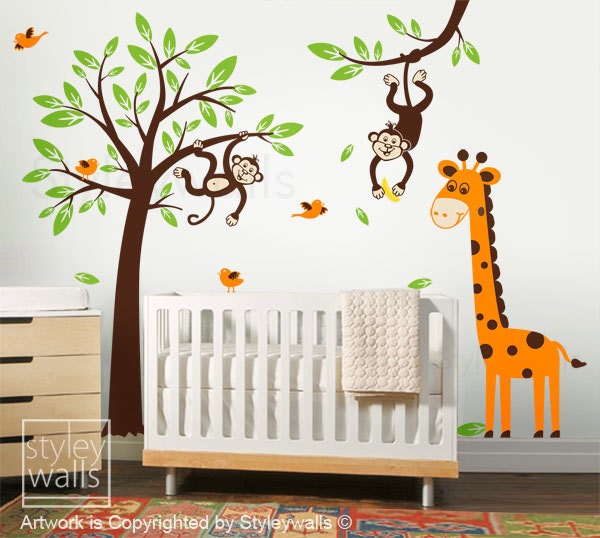 Tree Wall Decal, Monkey and Giraffe Wall Decal, Monkey Wall Decal, Giraffe Wall Decal, Jungle Animals Wall Decal for Baby Nursery Kids Room