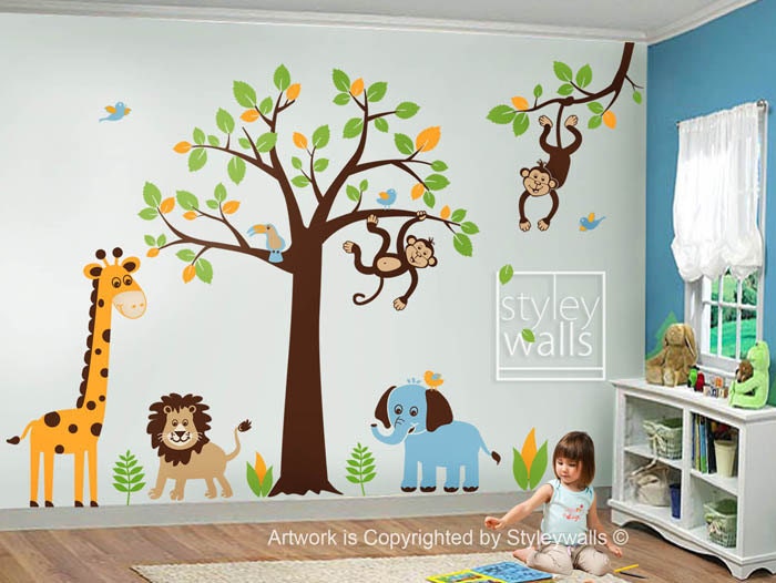 Jungle Tree Wall Decal, Jungle Animals Wall Decal, Safari Animals Wall Decal, Safari and Jungle Wall Sticker for Baby Nursery Decor