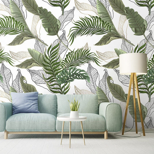 Tropic Leaves Wallpaper, Palm Leaves Wallpaper, Green Tropical Leaves Wallpaper, Banana Leaves Botanical Repositionable Fabric Wallpaper