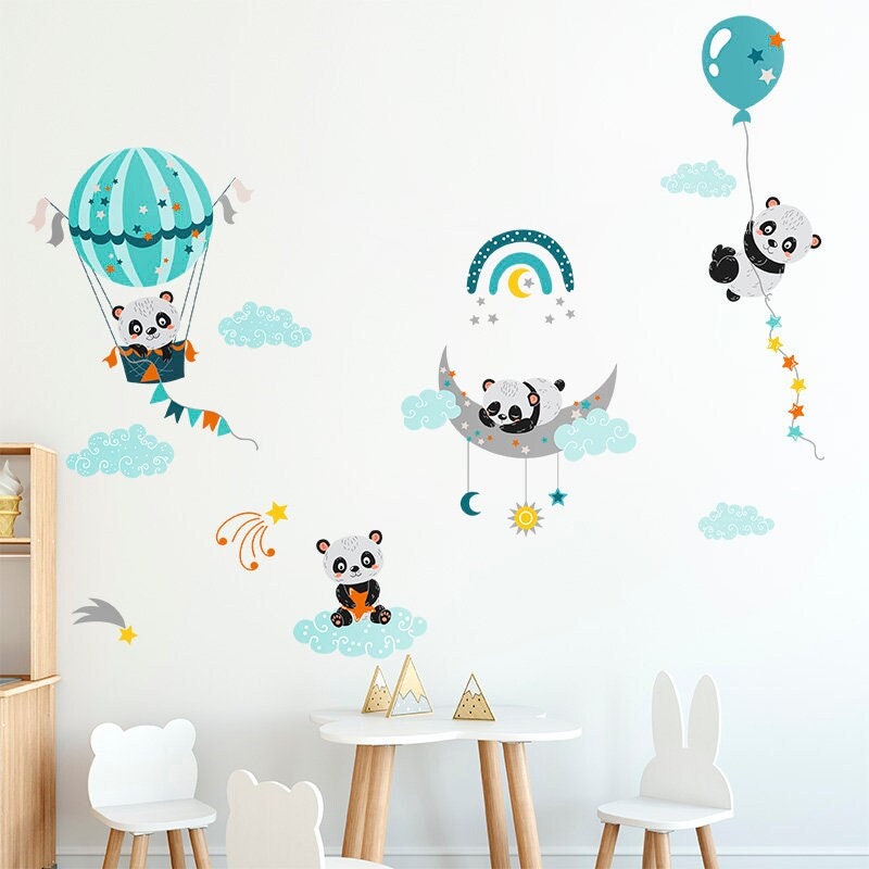 Pandas mignons avec des ballons à air et des nuages, autocollant arc-en-ciel, autocollant de montgolfière, lune et étoiles, décoration de chambre de bébé pour enfants