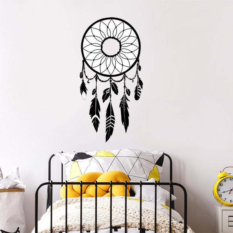 Dream Catcher Wall Decal, Tribal Feathers Wall Decal, Boho Style Dream Catcher Wall Sticker, Native American Dreamcatcher Wall Decor